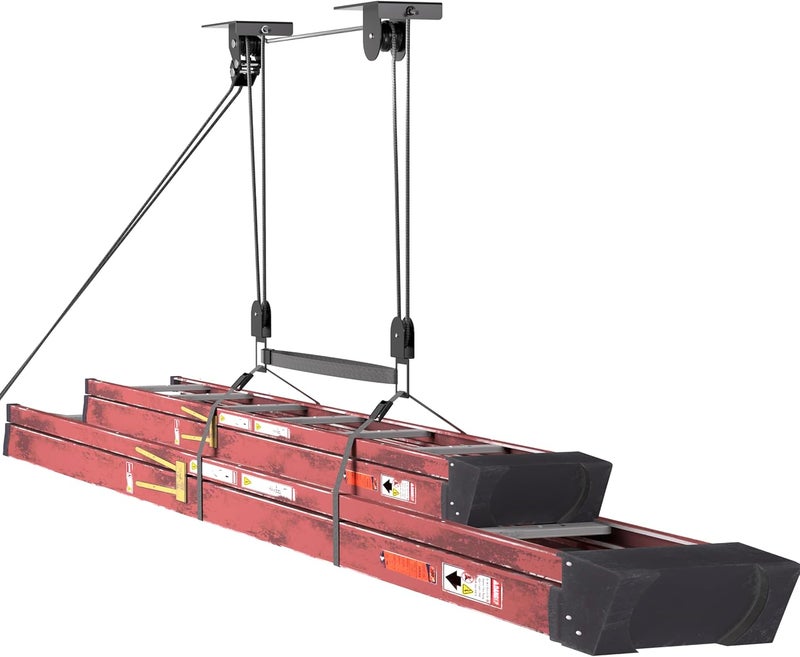 TRUSOON Ladder Storage, Larger Pulley Ladder Hoist, Self Locking Function Ladder Hanger, Garage Ceiling Mount Lift System for Kayak, Cargo Box, Canoe, Bike,Fit 10-14 Foot Ceilings, Hold 150 lbs - Image 1